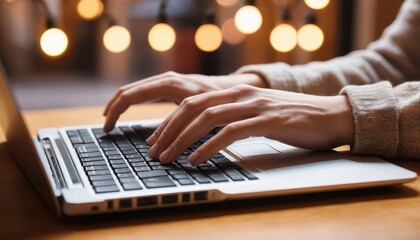 Fototapete - Close-up of hands engaging with a silver laptop keyboard amid a warm bokeh background filled with lights creating a cozy and inviting atmosphere.