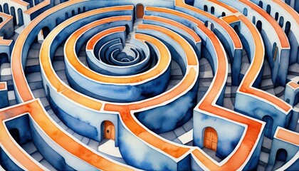Aufkleber - A Detailed Watercolor Painting of a Complex Spiraling Maze with Blue Walls and Orange Pathways Leading to a Dark Central Opening Illustration