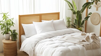 Poster - Bright airy bedroom featu a neatly made white duvet and pillows, light wood headboard, potted plants, and woven wall hanging for cozy decor
