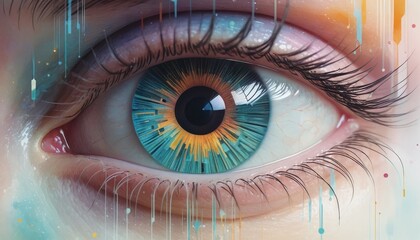 Fototapete - Close-up of a stylized eye showcasing a teal and orange iris with digital circuit patterns surrounded by lush lashes and vibrant artistic color streaks