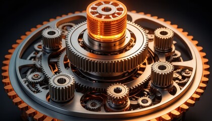 Poster - Close-up of an intricately designed clockwork mechanism showcasing metallic gears with a central glowing orange component and interconnected smaller gears