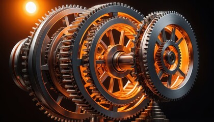 Aufkleber - Close-Up View of Intricately Detailed Interlocked Metallic Gears Bathed in Warm Orange Light on Dark Background for Industrial or Steampunk Aesthetics