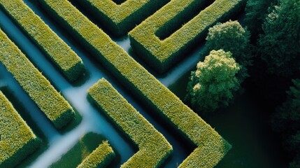 Poster - aerial view of complex maze with angles and long paths perfect to symbolize challenges and intricate journeys in life