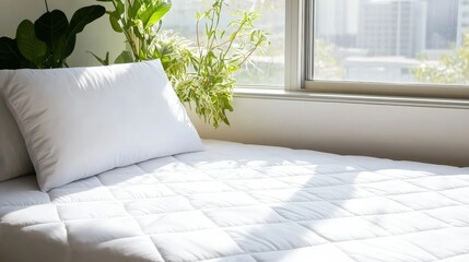 Poster - A cozy white quilted mattress topper and pillow on a serene bed by a sunlit window surrounded by vibrant green plants in stylish pots offe tranquility