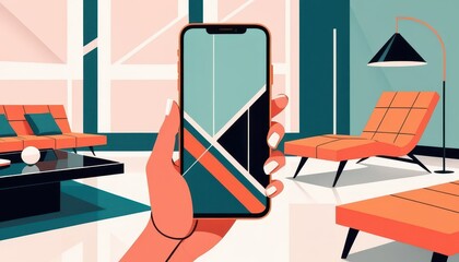Poster - Hand Holding Smartphone Displaying Abstract Geometric Design in Mid-Century Modern Living Room with Orange Armchairs and Low Coffee Table