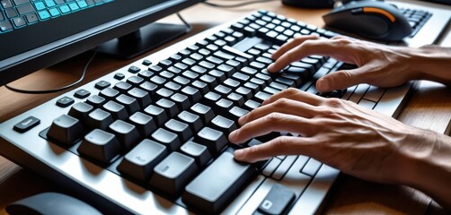 Poster - Close-up View of Hands Typing on a Silver Framed Keyboard with Computer Monitor and Mouse in the Background at a Workspace Desk Setting