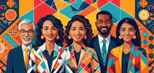 Poster - A Vibrant Portrait of Five Diverse Individuals in Geometric Patterns with Colorful Abstract Backgrounds Celebrating Diversity and Fashion Styles