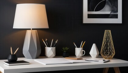 Poster - Modern minimalist desk decor featu geometric grey lamp, white ceramic pencil holders, succulent, gold wire vase against dark wall artwork