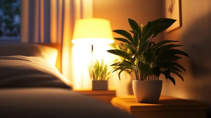 Poster - A cozy, dimly lit bedroom featu a bedside table adorned with potted plants, a warm-toned lamp illuminating the inviting bed and soft pillows nearby.