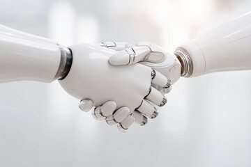 Poster - close-up of robotic hand shaking hands with human hand in minimalistic office setting