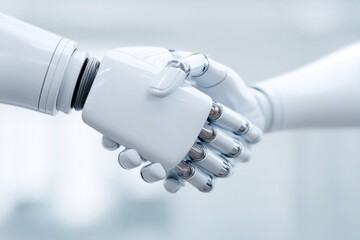 Poster - close-up of robotic hand shaking hands with human hand in minimalistic office setting