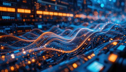 Poster - Abstract Digital Data Wave Glowing Blue And Orange Network Visualization