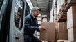 © LorelEino - A delivery driver loading parcels into a van. Featuring efficiency and organization