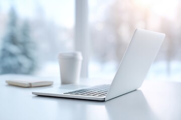 Poster - minimalistic arrangement laptop and notebook on sleek table in bright room with large