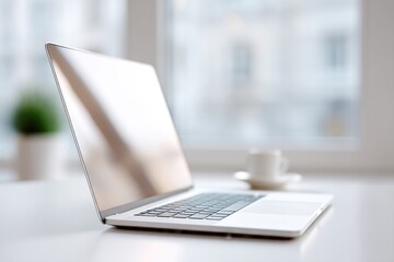 Poster - minimalistic arrangement laptop and notebook on sleek table in bright room with large