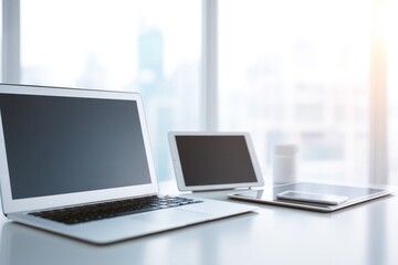 Poster - modern workspace with digital devices symbolizing digital business transformation