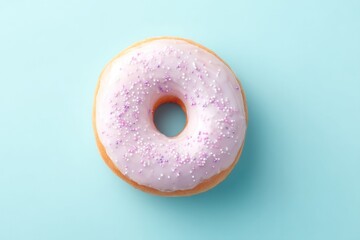 Poster - photograph single donut centered on smooth solid pastel background with ample copy space