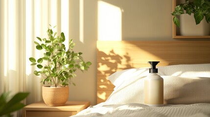 Poster - Sunlight Streaming into Cozy Bedroom with Light Beige Lotion Bottle and Small Potted Plant on Wooden Nightstand Creating Relaxing Atmosphere at Home