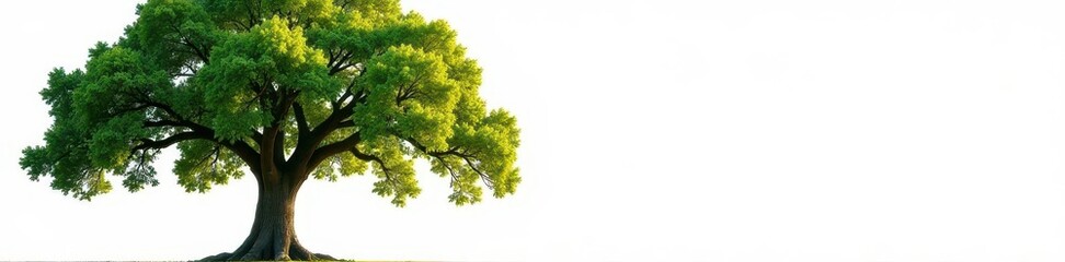 Large oak tree with full leaves against white , design, tree, botany