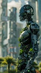 Poster - 未来的なサイボーグの肖像画 都会の緑豊かな背景に金属と植物の融合