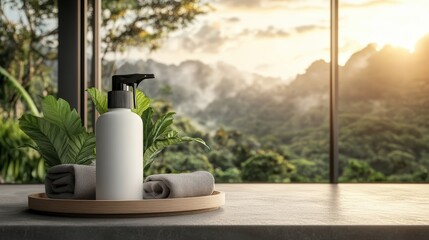 Poster - White pump bottle of lotion on wooden tray with rolled towels, placed on concrete surface with stunning sunset view through large window behind it
