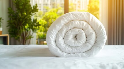 Poster - Neatly Made Bed with Tightly Rolled White Duvet Illuminated by Sunlight Streaming Through a Bright Window in a Cozy Bedroom Setting