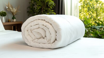 Poster - A Bright Room with Green Plants and a Neatly Rolled White Comforter on a Made Bed, Creating a Serene and Inviting Atmosphere for Relaxation
