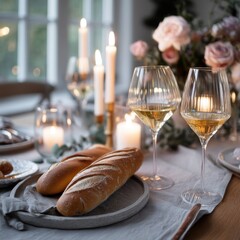 Aufkleber - Cozy Dinner Table Scene with Baguette Wine Glasses Candles and Flowers for a Romantic Elegant Evening