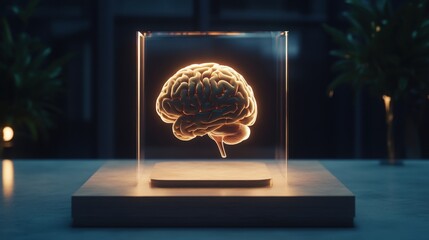 Poster - Glowing three-dimensional model of human brain inside glass cube on wooden platform illuminated from below against dark blurred background