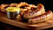 © Ketobox - Appetizing bratwurst on rustic wooden cutting board with soft pretzels and mustard against dark backdrop