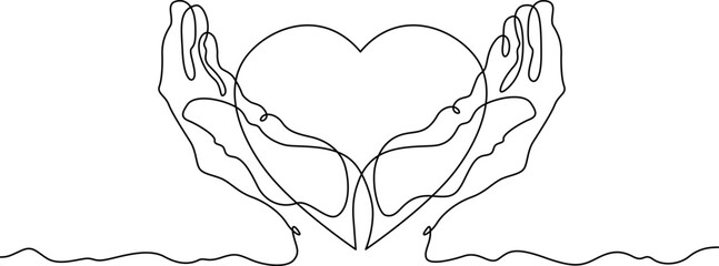 Poster - continuous one line drawing heart on the hand. heart on the palm.