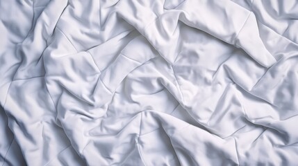 Poster - Close-up overhead view of a rumpled white bedsheet showcasing an intricate and complex pattern of folds and creases in natural light setting indoors