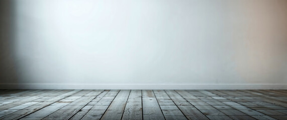 Poster - Empty room with wooden floor and white wall illuminated by soft light