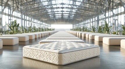 Poster - A Single Off-White Mattress Set Against Rows of Identical Mattresses in a Bright Airy Industrial Space Featu Expansive and High Ceilings
