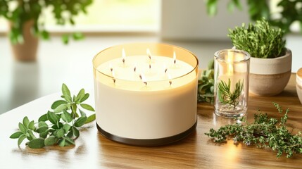 Poster - A large cylindrical candle with multiple wicks burns brightly on a wooden table surrounded by potted plants creating a warm inviting ambiance