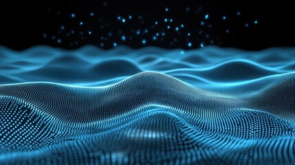 Fototapete - Abstract digital landscape of glowing blue particles.