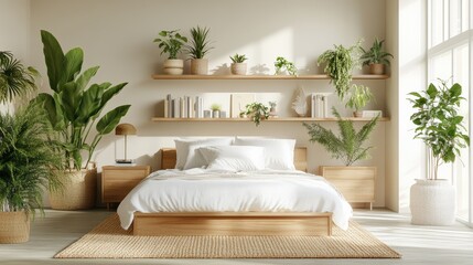 Poster - Bright minimalist bedroom with light wood platform bed, white linens, matching nightstands, and numerous potted plants on floating shelves for decor