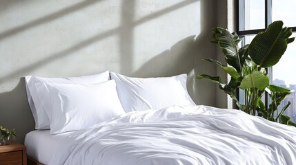 Poster - Crisp white bedding beautifully arranged on a sunlit bed next to a lush potted plant in a serene minimalist bedroom setting evoking tranquility and comfort