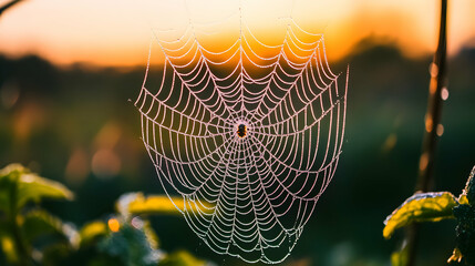 Dew-kissed spiderweb at sunrise, intricate details, nature's artistry, golden hour light.
