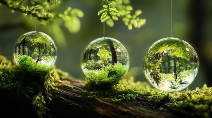 Wall Mural - crystal earth: translucent crystal spheres encased in miniature ecosystems suspended above mossy dec