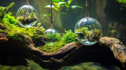 Wall Mural - crystal earth: translucent crystal spheres encased in miniature ecosystems suspended above mossy dec