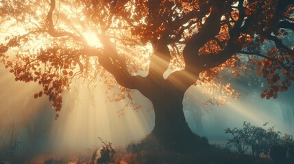 Poster - Golden sunlight streams through ancient autumn forest