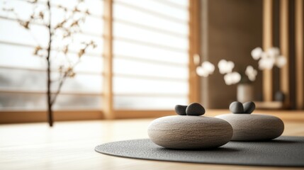 Poster - Serene Minimalist Room with Light-Wood Pebble Objects and Dark Gray Stones Set Against a Shoji Screen and Branch on a Dark Gray Mat for Calm Atmosphere
