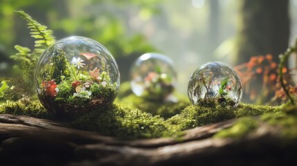 Wall Mural - crystal earth: translucent crystal spheres encased in miniature ecosystems suspended above mossy dec