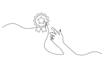 Fototapete - Hand with Winning badge in one continuous line drawing. Single line drawing illustration of Award winning ribbon with hand.  Symbol of a winner concept vector art. Doodle line illustration.
