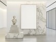 © ลภัสรดา หวังคู่คุณาก - Classical bust on marble pedestal next to a large blank s in a minimalist modern interior with marble walls and glass doors for artistry display