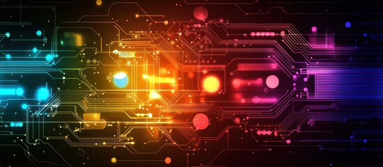 Poster - a vibrant and intricate digital circuit board design with a spectrum of glowing colors evoking a sense of modern technology and complex systems for technological innovation