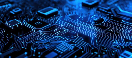 Poster - illuminated pathways of modern technology a mesmerizing macro view of a blue circuit board highlighting complex connections and futuristic design for advanced digital integration