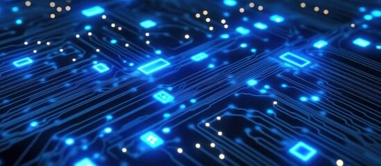 Poster - abstract glowing motherboard visualization showing intricate circuitry and data flow representing future technology and interconnected systems with brilliant light effects