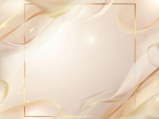 Poster - Abstract art featu a gold-framed square on a pale peach backdrop with flowing translucent shapes and subtle gold glitter accents for modern decor